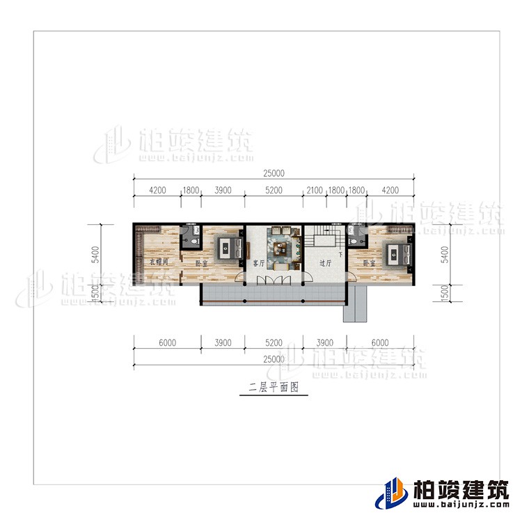 二层：过厅、客厅、衣帽间、2卧室